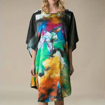 Women's Luxe Silk Bat Sleeve Nightdress - 100% Mulberry Silk Loose Fit Pajama Dress with Inkjet Prints