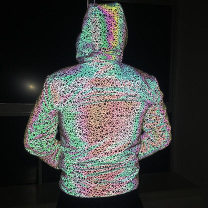 Reflective Jacket with Colorful Bird Nest Pattern - Hooded Fit-Type Zipper Jacket