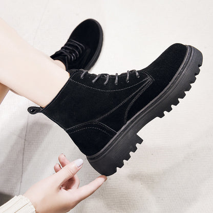 Women's Cowhide Leather Martin Boots - British Style with Lace-Up Front and Square Heel