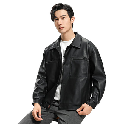 Men's Motorcycle Leather Jacket - Classic Lapel Zip-Up Outerwear