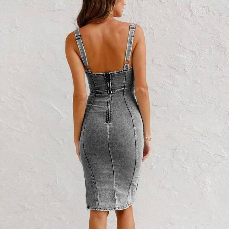 U-Neck Denim Suspender Dress - Slim Fit Summer Dress with Slit