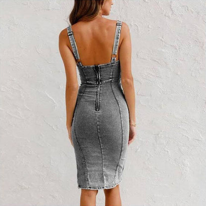 U-Neck Denim Suspender Dress - Slim Fit Summer Dress with Slit