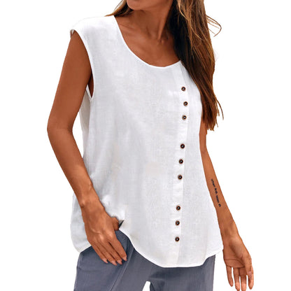 Women's Linen Blend Sleeveless Top - Asymmetric Button Detail