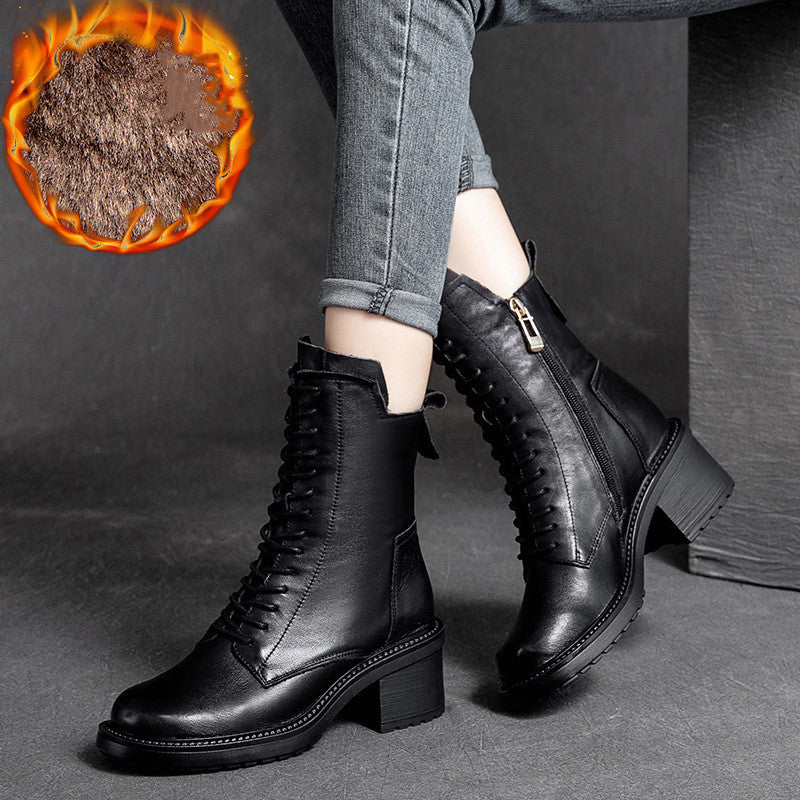 Cowhide Leather Mid-Barrel Martin Boots - Women's Vintage Knight Boots with Anti-Slip Rubber Sole