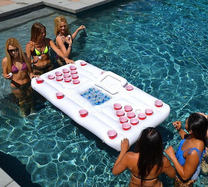 Inflatable Pool Float Beer Pong Table - 6ft with Built-In Cooler & Cup Holders