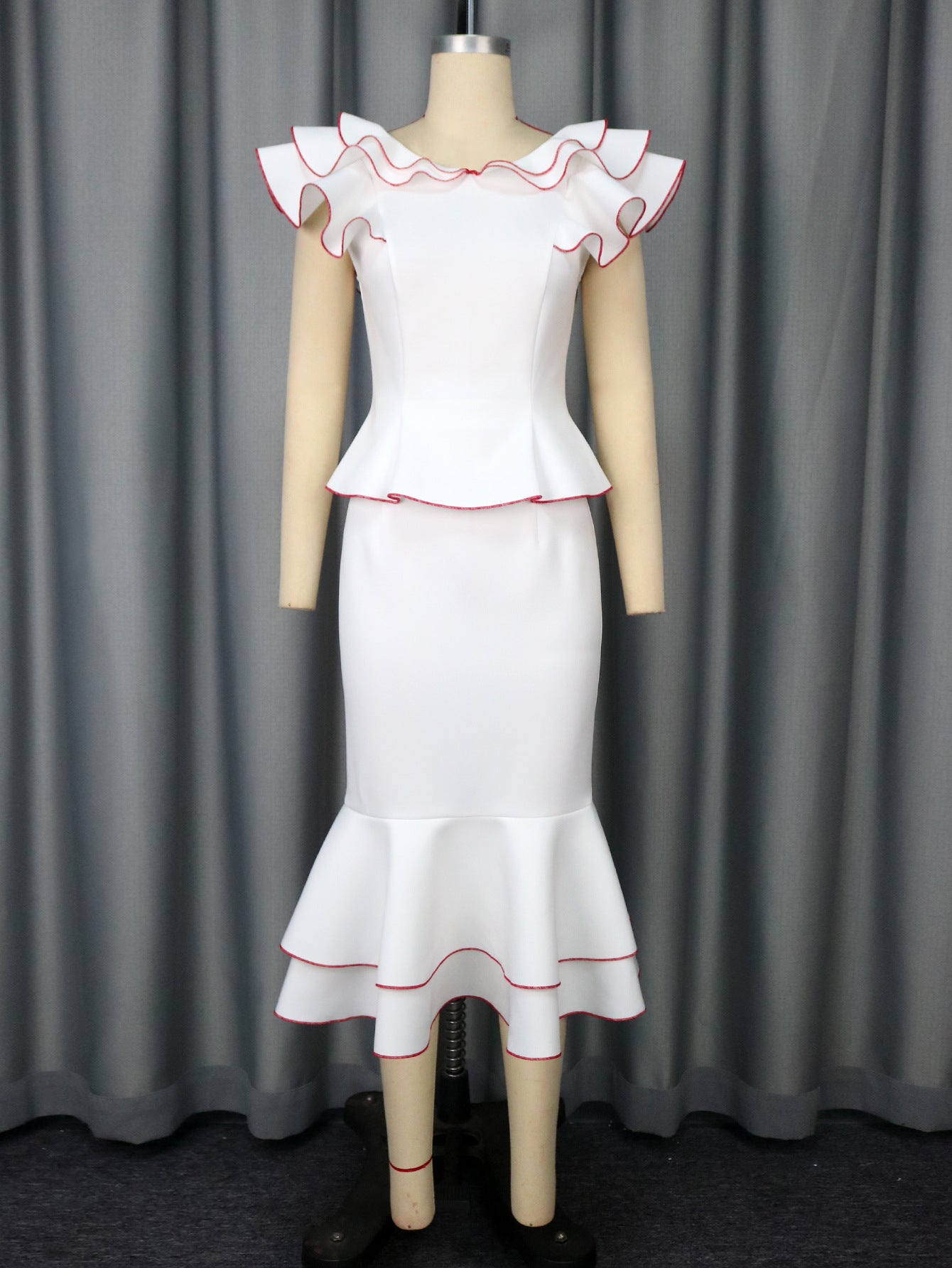 Women's Ruffled Contrast Color Two-Piece Skirt Suit