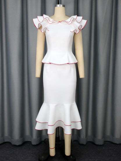 Women's Ruffled Contrast Color Two-Piece Skirt Suit