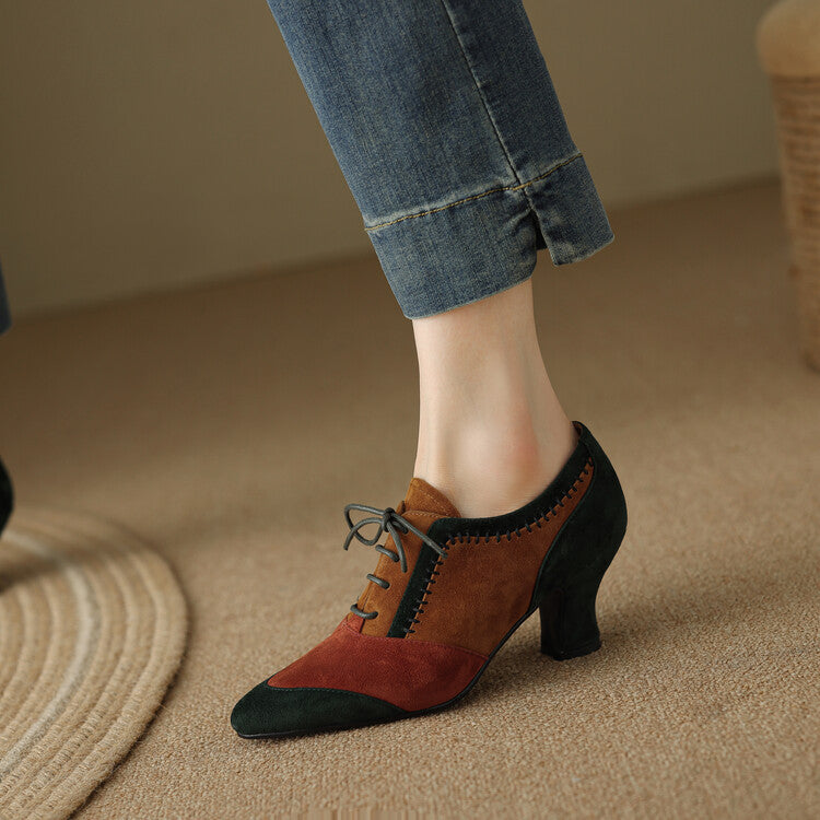 Retro Lace-Up Leather Ankle Boots - Mid-Calf Chunky Heel Shoes