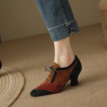Retro Lace-Up Leather Ankle Boots - Mid-Calf Chunky Heel Shoes