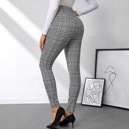 Women's Check Print Button Embellished High Waist Slim Fit Knit Pants