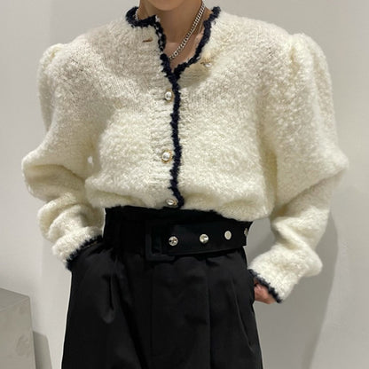 Loose Puff Sleeve Knitted Sweater - Long Sleeve Pullover Top