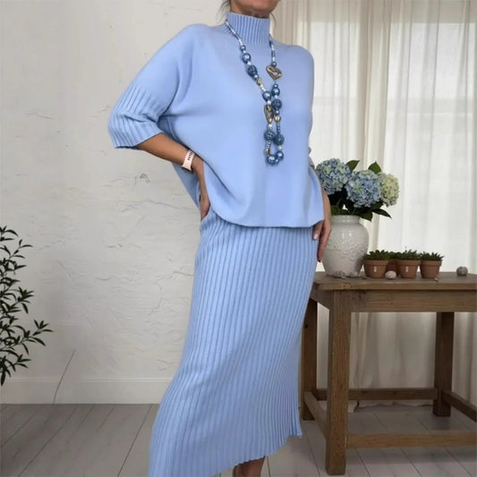 Women's Solid-Color Elegant High-Neck Knitted Sweater and Skirt Two-Piece Set - Intellectual Style
