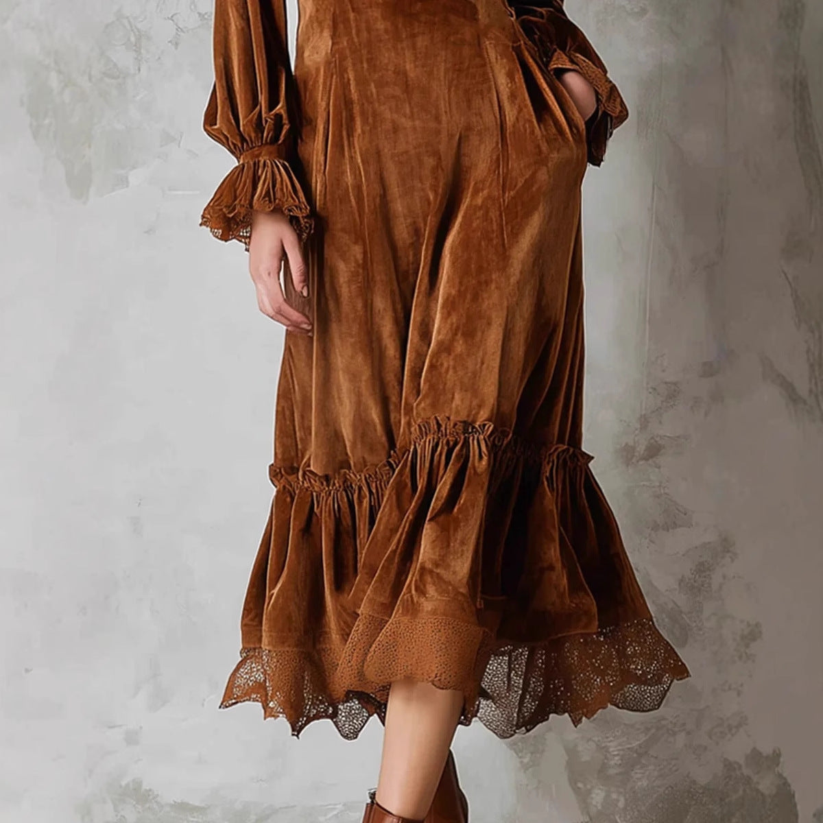 Women's Velvet Ruffle Dress with V-Neck - High Waist Long Sleeve Bell Sleeve Dress