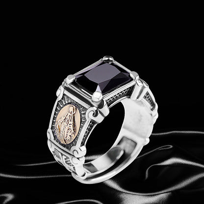 Men's S925 Silver Black Onyx Virgin Mary Ring - Adjustable Geometric Inlay Ring