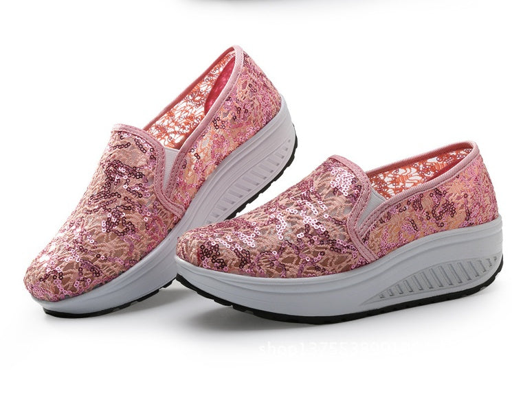 Women's Sequin Mesh Breathable Sneakers | Rocker Sole | Sizes 35–40 | Rose Red, Pink, Black, White