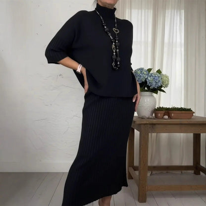 Women's Solid-Color Elegant High-Neck Knitted Sweater and Skirt Two-Piece Set - Intellectual Style