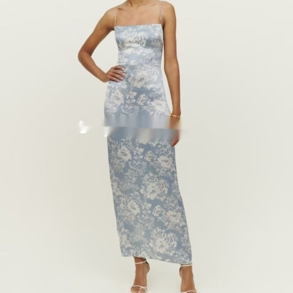 Women's Floral Print Silk Sleeveless Maxi Dress - Split Slit Waist Tie Dress