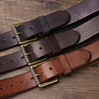 Handmade 4CM Wide First Layer Cowhide Leather Belt - Thickened Genuine Leather with Copper Buckle
