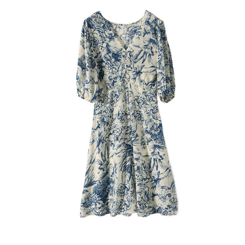 Chinese Style Heavyweight Silk Dress - Blue and White Porcelain Pattern