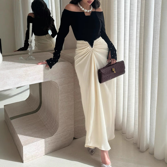 Women's Color-Block Pearl Embellished Sheath Dress – Long Sleeve Mid-Rise Elegant Dress