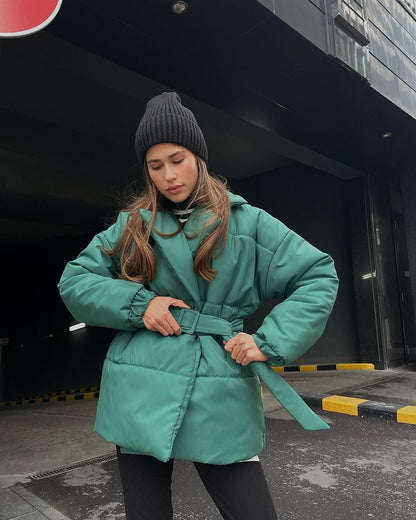 Women's Winter Lapel Waisted Cotton Coat - Slim Fit Solid Color Overcoat