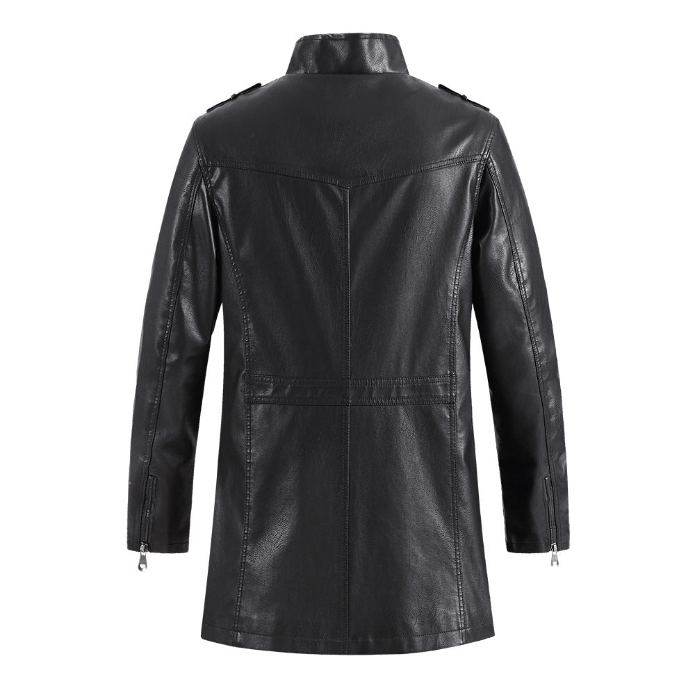 Men's Standing Collar Plush Leather Jacket - PU Leather with Cotton Lining
