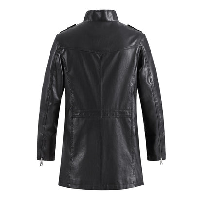 Men's Standing Collar Plush Leather Jacket - PU Leather with Cotton Lining