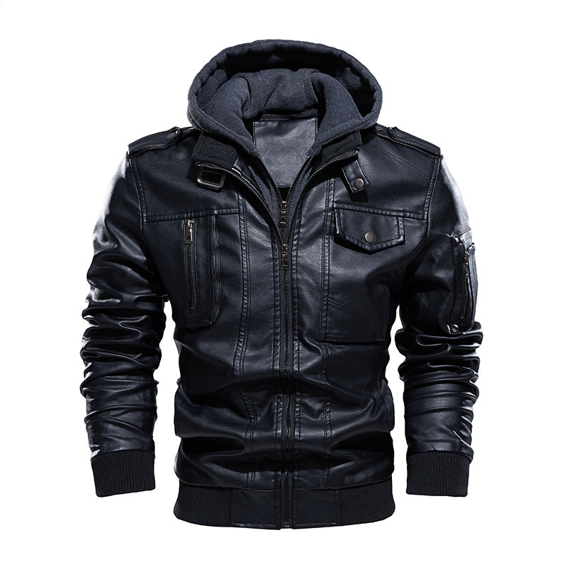 Men's Vintage Hooded Leather Jacket - Fleece Lined PU Outerwear