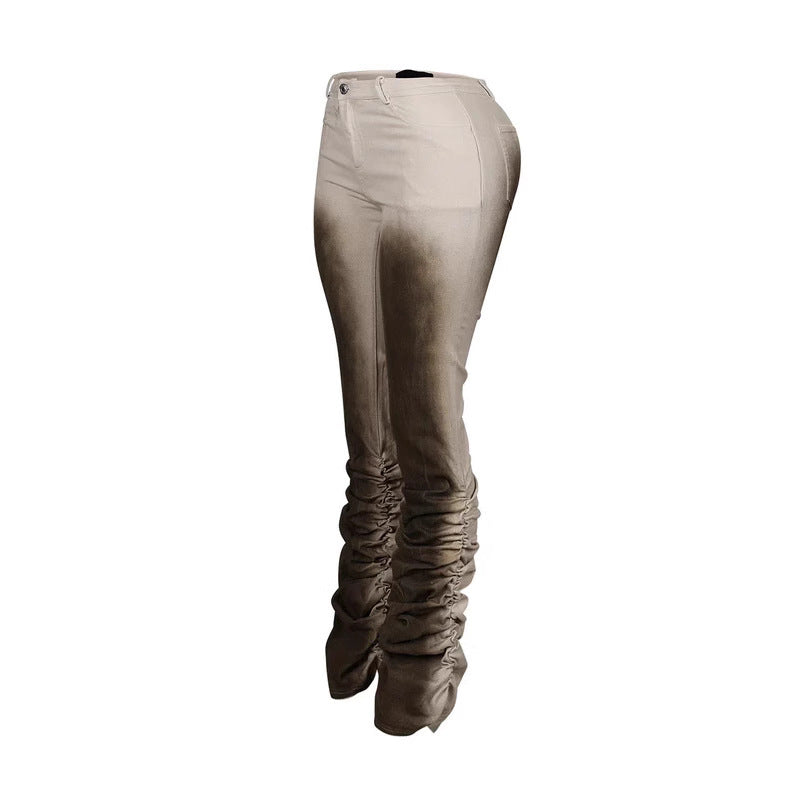 Women's Slim-Fit Distressed Retro Stacked Pants - Mid-Rise Viscose Trousers