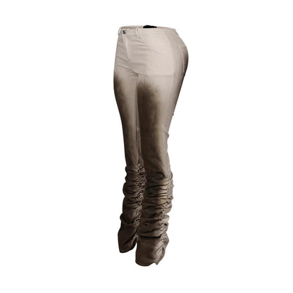 Women's Slim-Fit Distressed Retro Stacked Pants - Mid-Rise Viscose Trousers