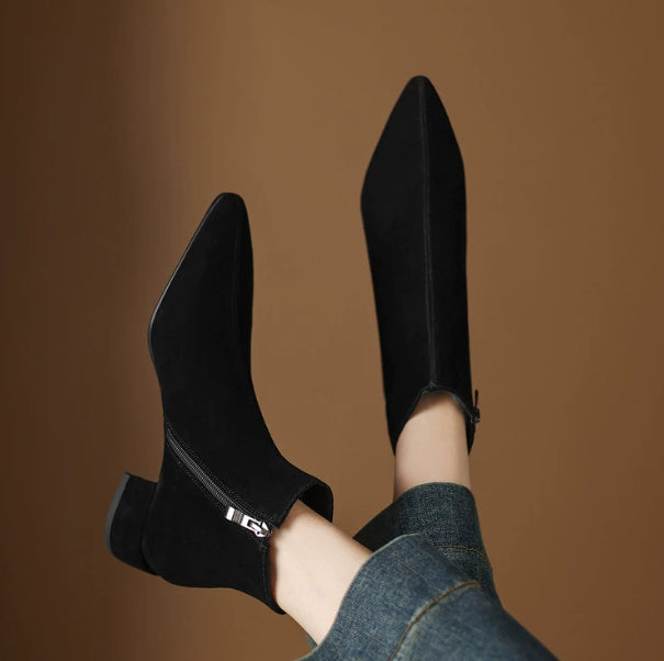 Low Heel Suede Ankle Boots - Women's Cow Suede Boots with Side Zip