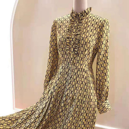 Women's Printed Silk Midi Dress - High-Waist A-Line Long Sleeve Dress