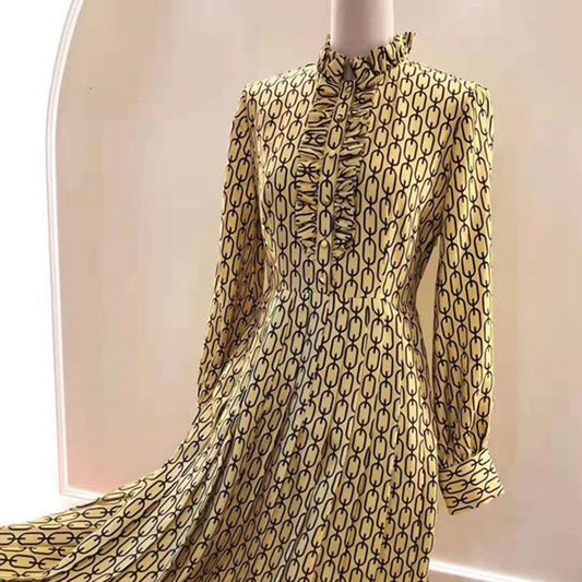 Women's Printed Silk Midi Dress - High-Waist A-Line Long Sleeve Dress