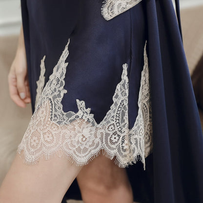 Silk Nightgown with Lace Trim - Spaghetti Strap Slip Dress
