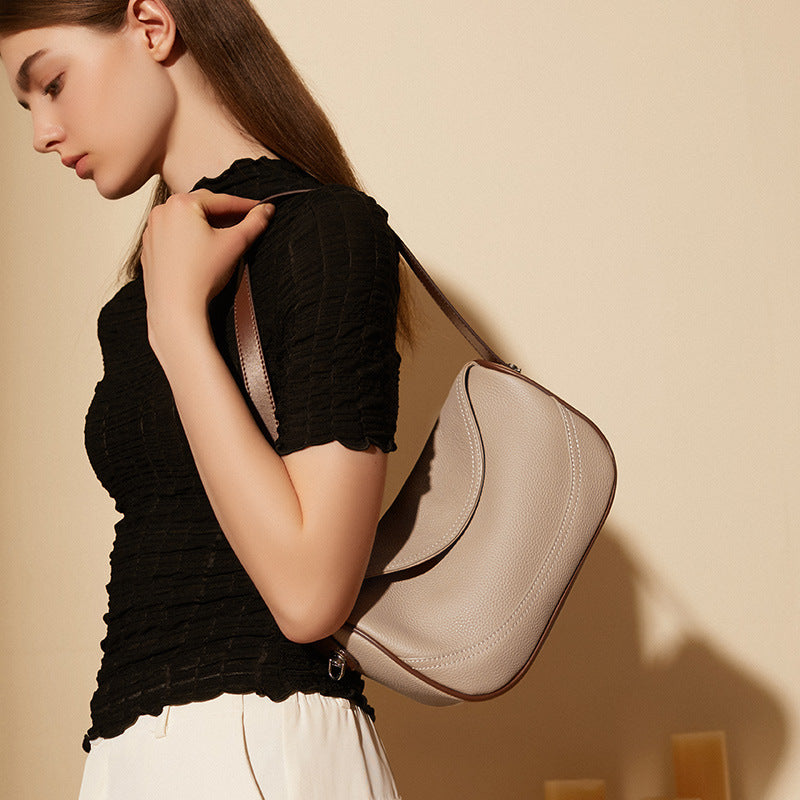 Women's First Layer Cowhide Leather Shoulder Bag - Wide Strap Messenger Bag with Zipper