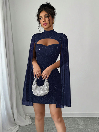 Women's Round-Neck Ribbed Pearl Chiffon Cape Bodycon Dress - Elegant Mini Dress