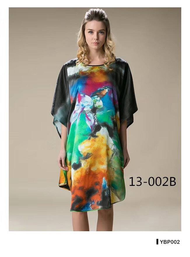 Women's Luxe Silk Bat Sleeve Nightdress - 100% Mulberry Silk Loose Fit Pajama Dress with Inkjet Prints