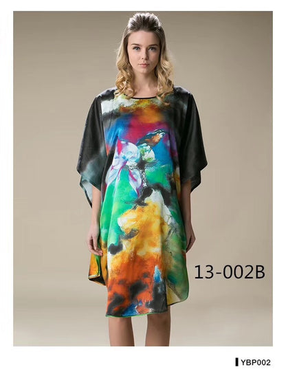 Women's Luxe Silk Bat Sleeve Nightdress - 100% Mulberry Silk Loose Fit Pajama Dress with Inkjet Prints