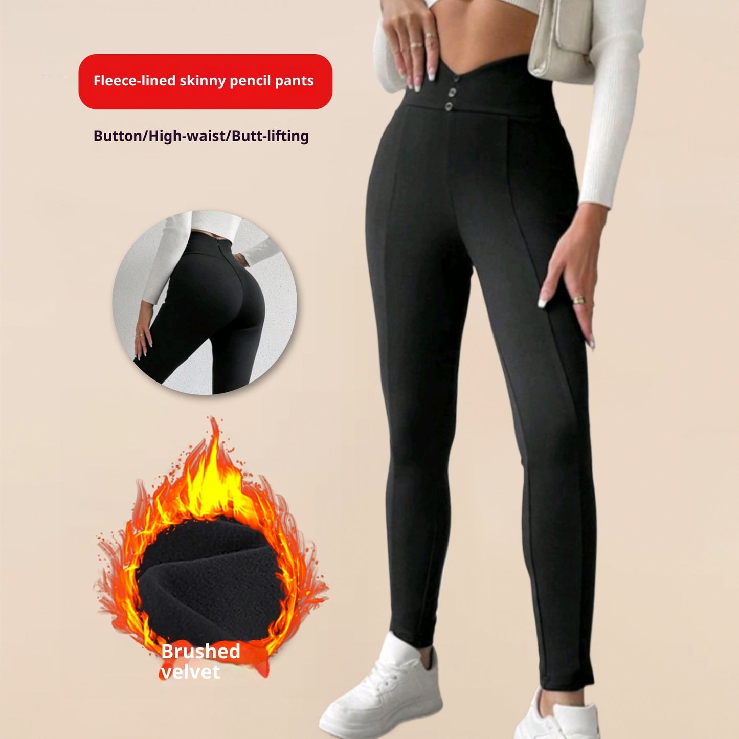 High Waist Brushed Leggings - Button Detail Casual Pants