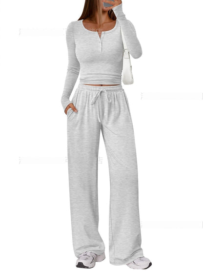 Women's Comfortable Casual Long-Sleeve Wide-Leg Pants Set - Japandi Style Pleated Top with Polyester