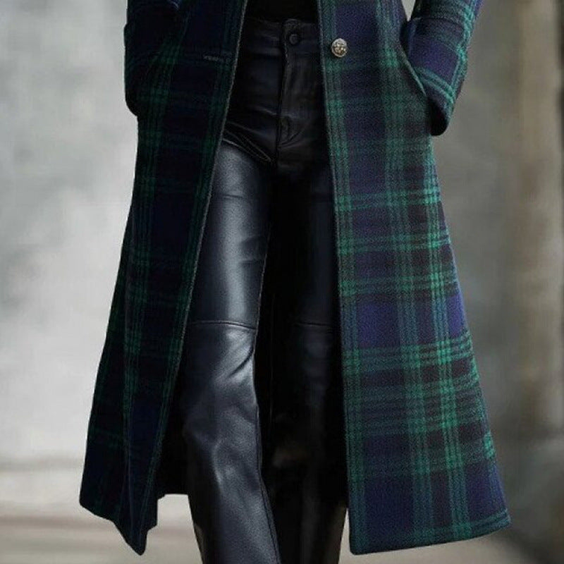 Women's Single-Breasted Plaid Long Sleeve Cardigan Coat - Long Jacket