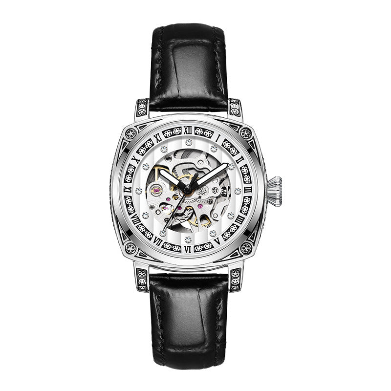 Fashion Mechanical Watch | Luminous Hands | 10m Water Resistant | Leather & Steel Strap | White, Black, Red, Steel Strip