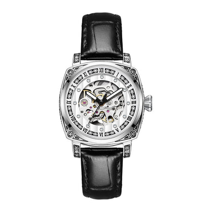 Fashion Mechanical Watch | Luminous Hands | 10m Water Resistant | Leather & Steel Strap | White, Black, Red, Steel Strip
