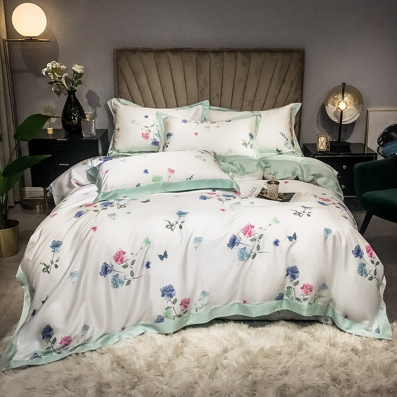 Double-Sided Ice Silk 4-Piece Bedding Set - Tencel Reactive Printed with Quilt Cover, Sheet, and 2 Pillowcases