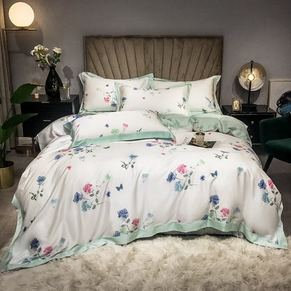Double-Sided Ice Silk 4-Piece Bedding Set - Tencel Reactive Printed with Quilt Cover, Sheet, and 2 Pillowcases