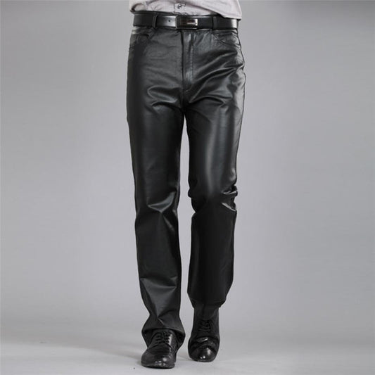 Men's Genuine Leather Straight Slim Fit Trousers - Thickened Warm Winter Pants