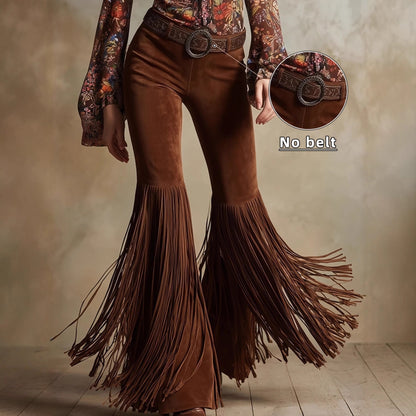 Women's Retro Western Fringe Suede-Look Pants - High Waist Tassel Trousers