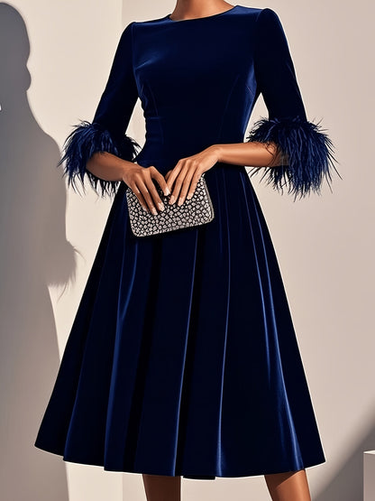 Women's Elegant Round-Neck Velvet Dress - Mid-Length Three-Quarter Sleeve