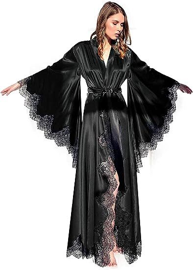 Women's Long Satin Bridal Robe with Lace Trim - V-Neck Wrap Sleepwear