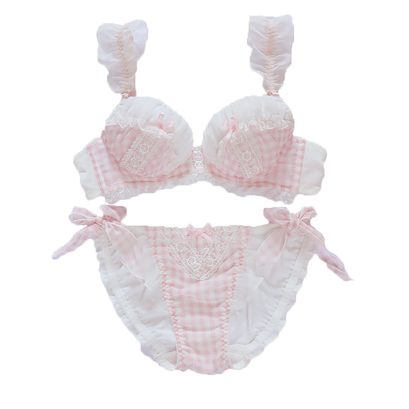 Women's Plaid Gathered Bra and Panty Set - Lace Trim Convertible Design